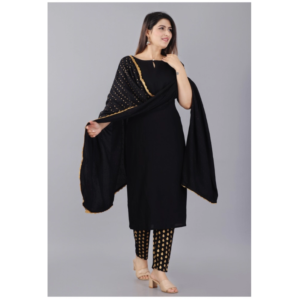 Women's Casual Half Sleeve Solid Rayon Kurti With Pant And Dupatta Set (Black)