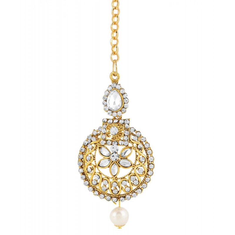 Generic Women's Rose Gold Plated Alloy Kundan Earrings &amp; Mangtikka (White)