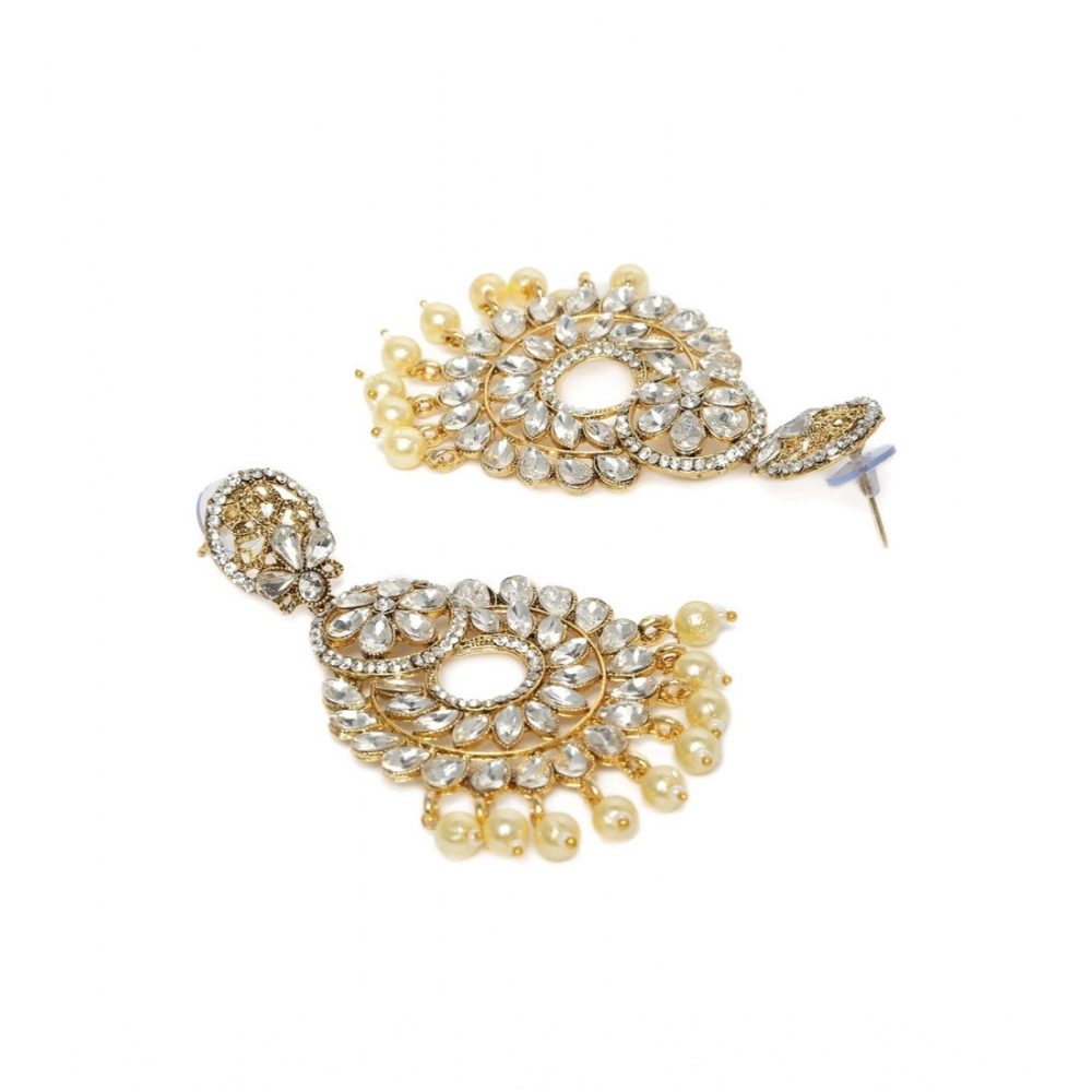 Women's Rose Gold Plated Alloy Kundan Earrings & Mangtikka (White)
