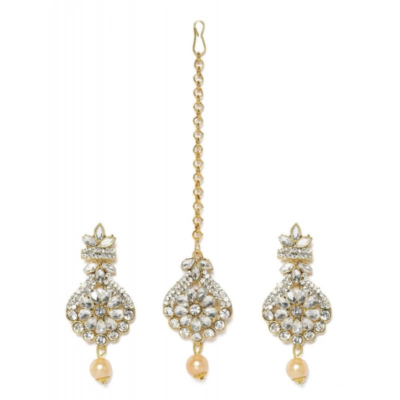 Generic Women's Rose Gold Plated Alloy Kundan Earrings &amp; Mangtikka (White)