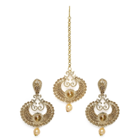 Generic Women's Rose Gold Plated Alloy Kundan Earrings & Mangtikka (Gold) Generic Women's Rose Gold Plated Alloy Kundan Earrings & Mangtikka (Gold)