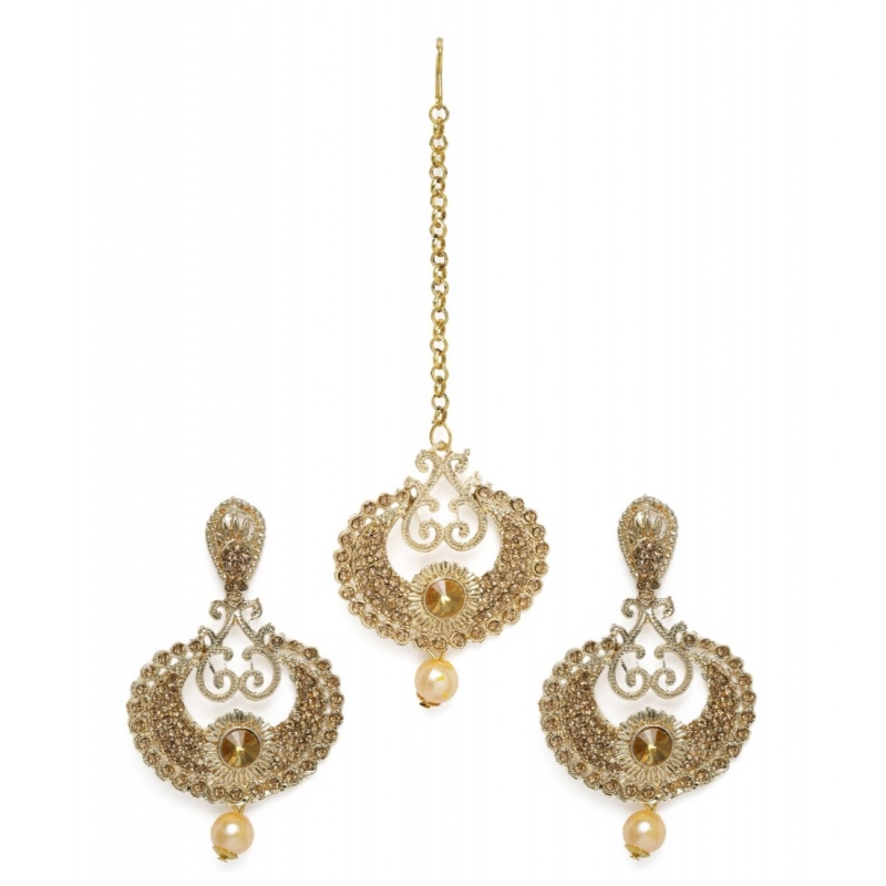Generic Women's Rose Gold Plated Alloy Kundan Earrings &amp; Mangtikka (Gold)