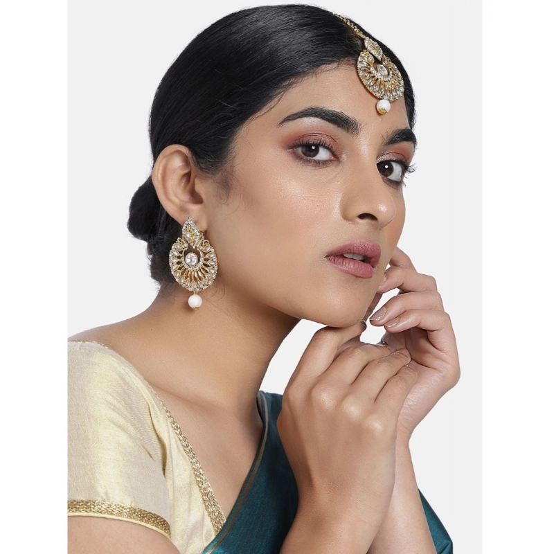 Generic Women's Rose Gold Plated Alloy Kundan Earrings &amp; Mangtikka (White)