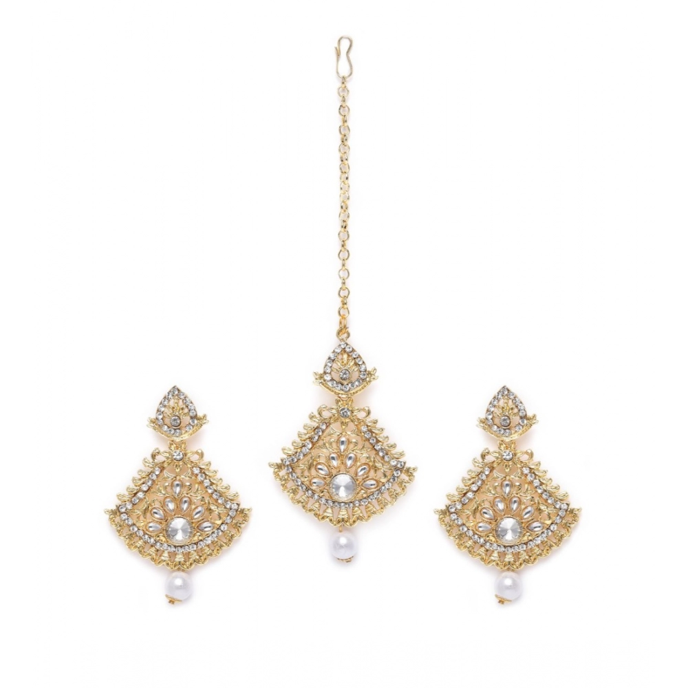 Women's Rose Gold Plated Alloy Kundan Earrings & Mangtikka (White)
