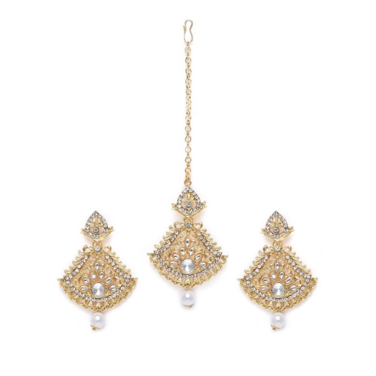 Generic Women's Rose Gold Plated Alloy Kundan Earrings & Mangtikka (White) Generic Women's Rose Gold Plated Alloy Kundan Earrings & Mangtikka (White)