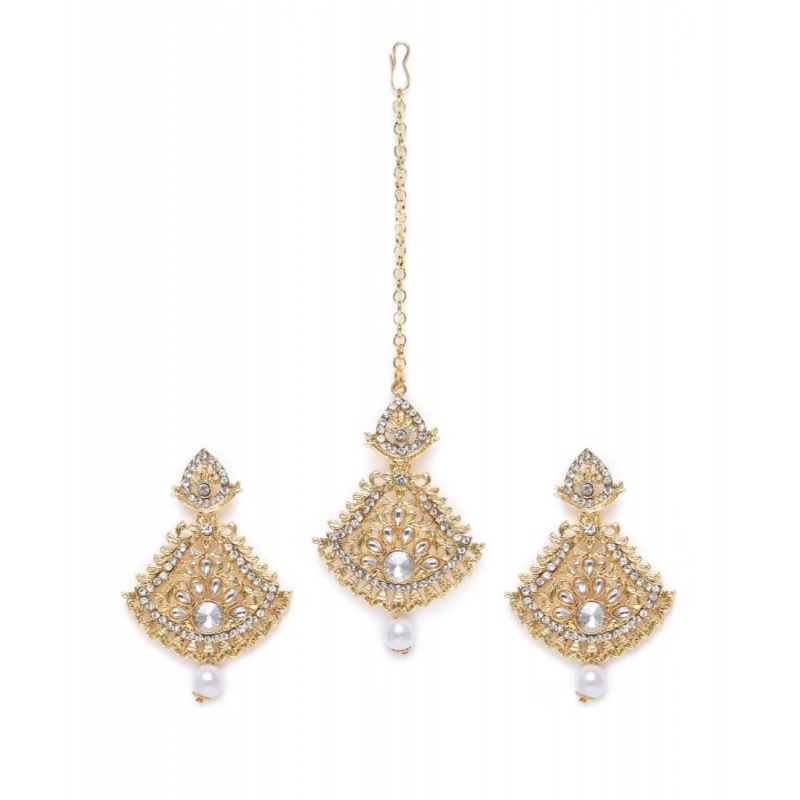 Generic Women's Rose Gold Plated Alloy Kundan Earrings &amp; Mangtikka (White)