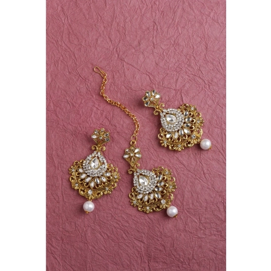 Generic Women's Rose Gold Plated Alloy Kundan Earrings &amp; Mangtikka (White)