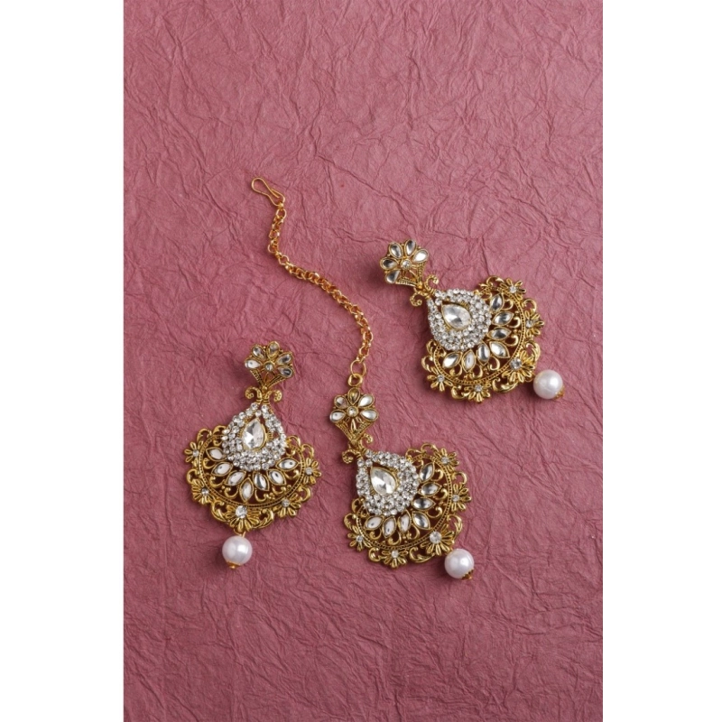 Generic Women's Rose Gold Plated Alloy Kundan Earrings &amp; Mangtikka (White)