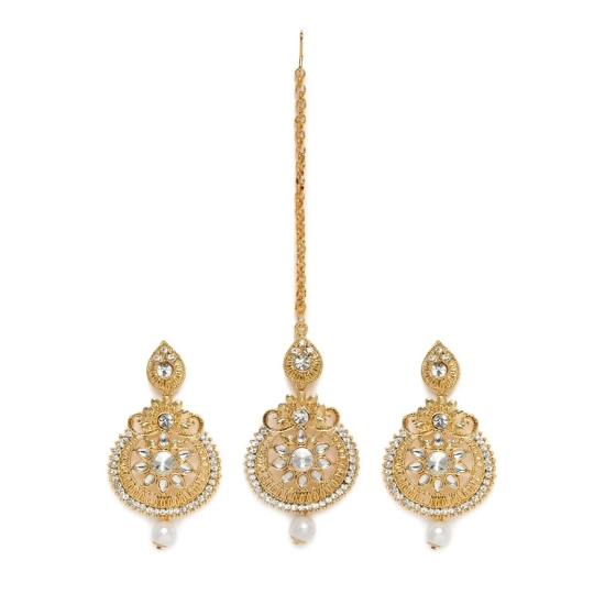 Generic Women's Rose Gold Plated Alloy Kundan Earrings &amp; Mangtikka (White)