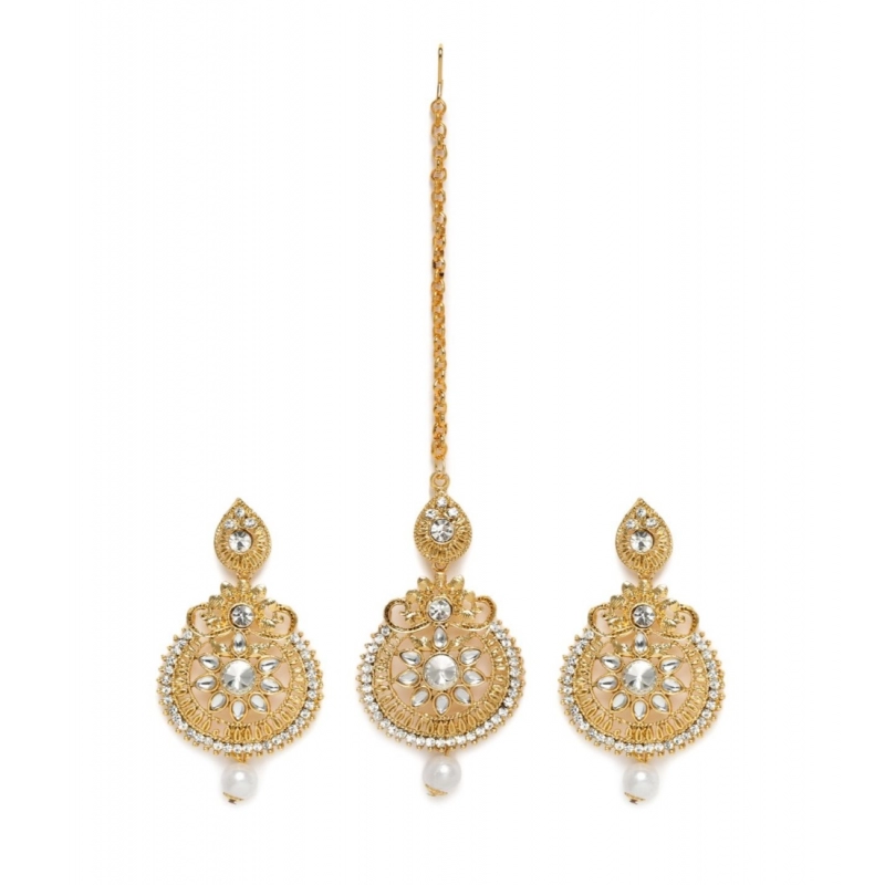 Generic Women's Rose Gold Plated Alloy Kundan Earrings & Mangtikka (White) Generic Women's Rose Gold Plated Alloy Kundan Earrings & Mangtikka (White)