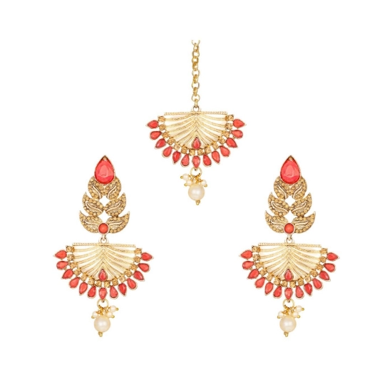 Generic Women's Rose Gold Plated Alloy Kundan Earrings &amp; Mangtikka (Gold &amp; Red)