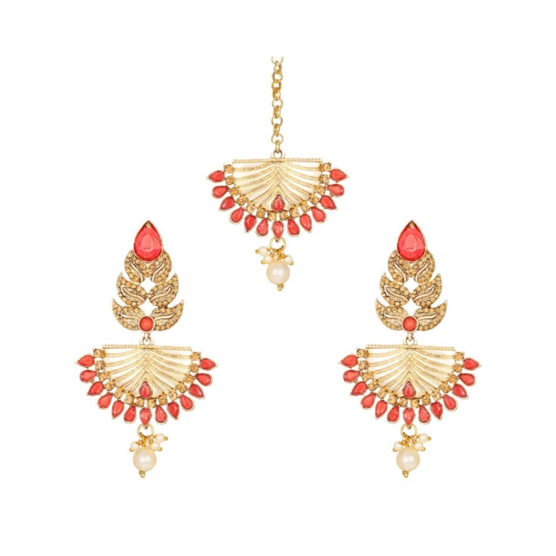 Generic Women's Rose Gold Plated Alloy Kundan Earrings &amp; Mangtikka (Gold &amp; Red)