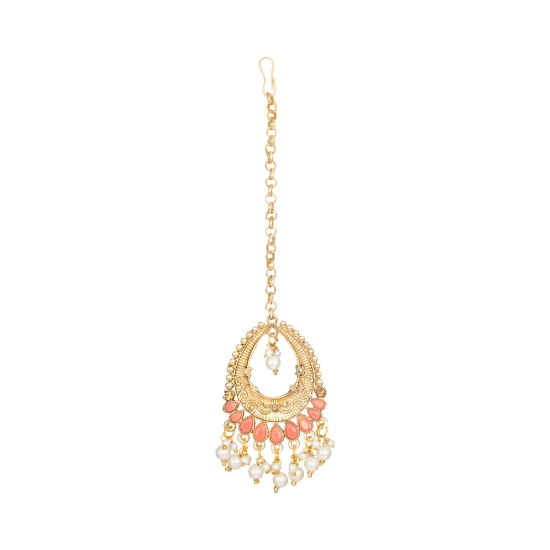 Generic Women's Rose Gold Plated Alloy Kundan Earrings & Mangtikka (Pink) Generic Women's Rose Gold Plated Alloy Kundan Earrings & Mangtikka (Pink)