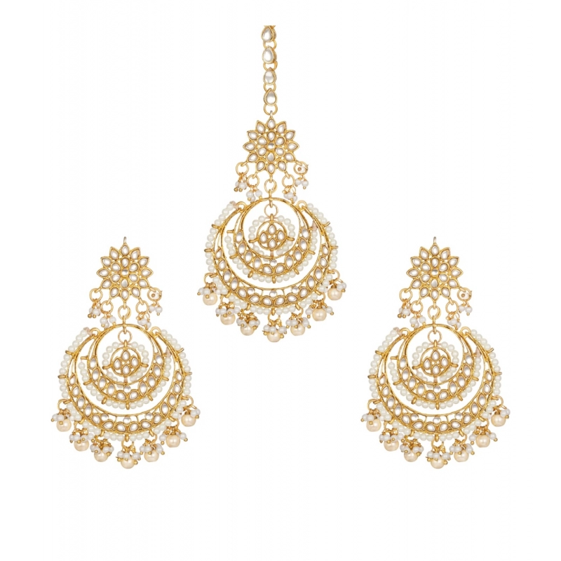 Generic Women's Rose Gold Plated Alloy Kundan Earrings &amp; Mangtikka (White)
