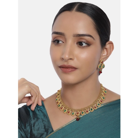 Generic Women's Rose Gold Plated Alloy Choker Necklace Set (Green &amp; Red)