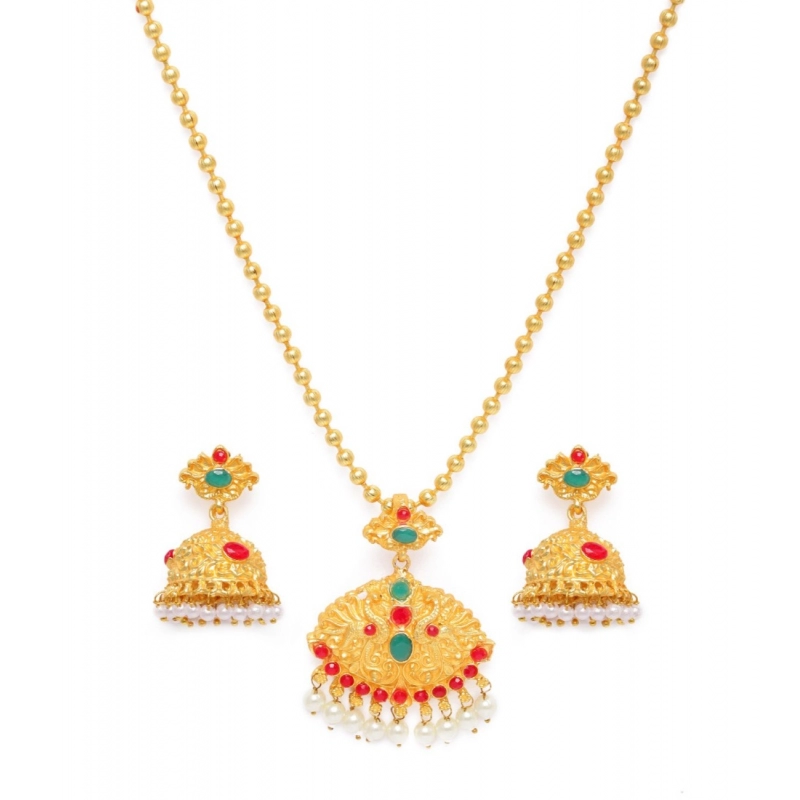 Generic Women's Rose Gold Plated Alloy Jewellery Chain Pendant Sets (Gold &amp; Red)