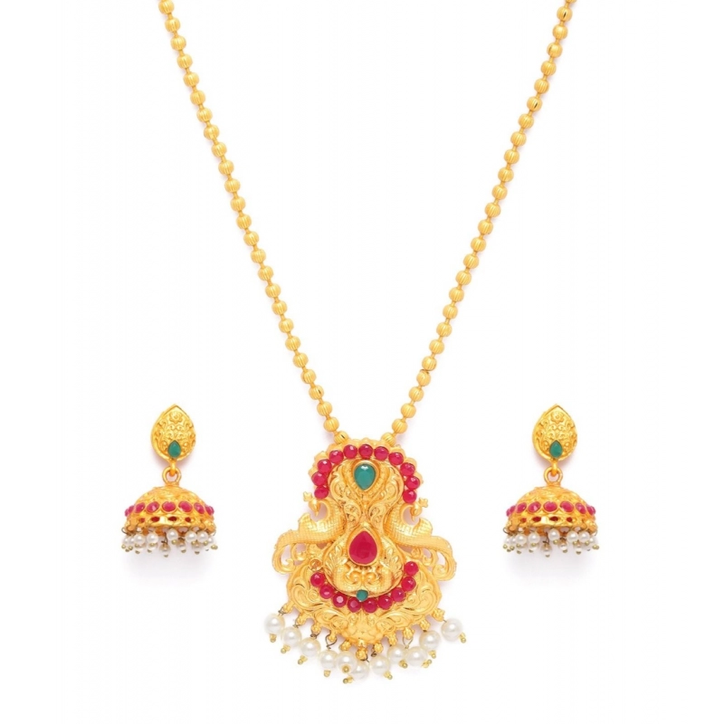 Generic Women's Rose Gold Plated Alloy Jewellery Chain Pendant Sets (Gold &amp; Red)