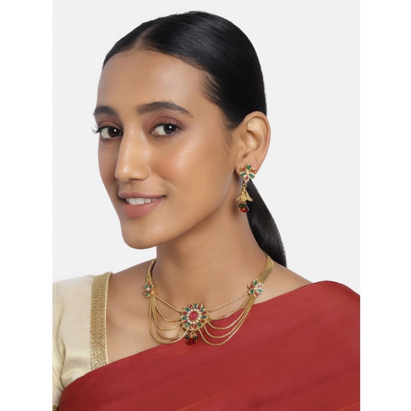 Generic Women's Rose Gold Plated Alloy Necklace &amp; Earings Set (Green &amp; Red)