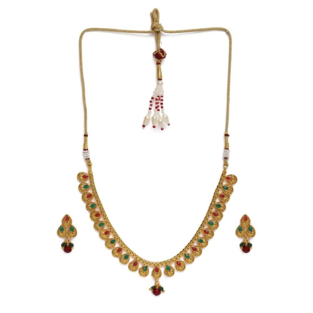 Women's Rose Gold Plated Alloy Necklace & Earings Set (Green & Red)