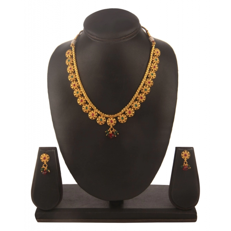 Generic Women's Rose Gold Plated Alloy Necklace &amp; Earings Set (Green &amp; Red)