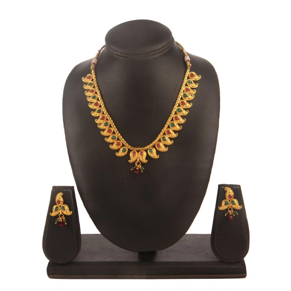 Women's Rose Gold Plated Alloy Necklace & Earings Set (Green & Red)
