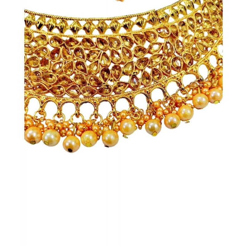 Generic Women's Rose Gold Plated Alloy Necklace Earrings With Maangtika Set (Gold) Generic Women's Rose Gold Plated Alloy Necklace Earrings With Maangtika Set (Gold)