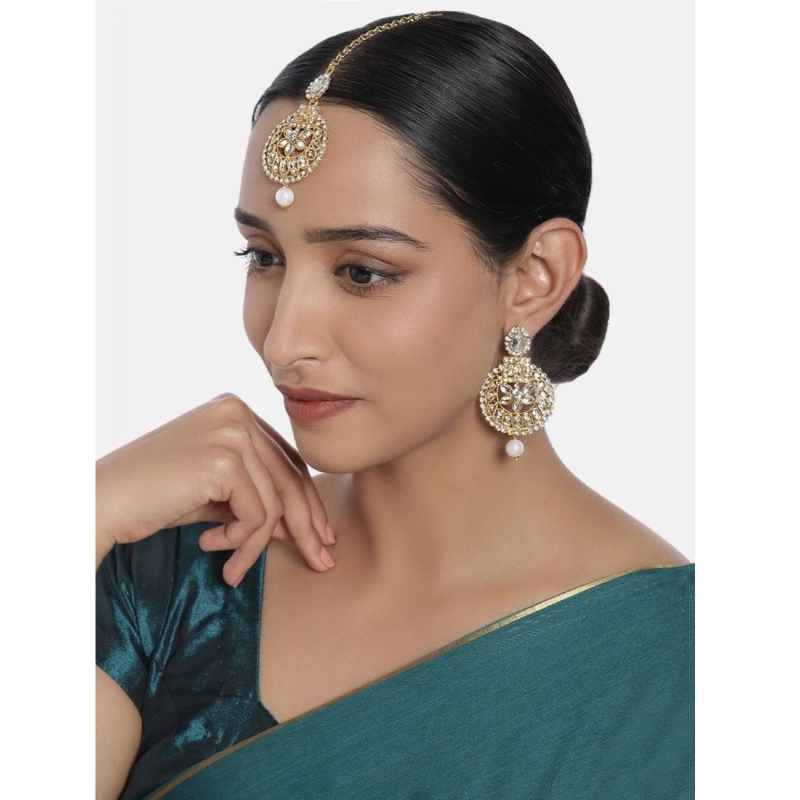 Generic Women's Rose Gold Plated Alloy Kundan Earrings &amp; Mangtikka (White)