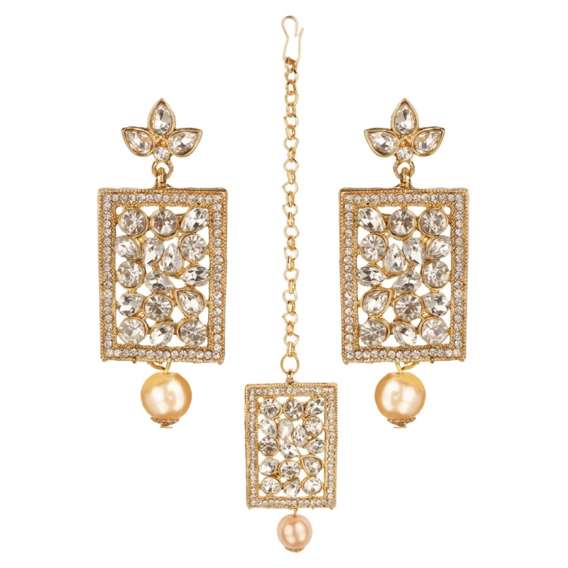 Generic Women's Rose Gold Plated Alloy Kundan Earrings &amp; Mangtikka (White)