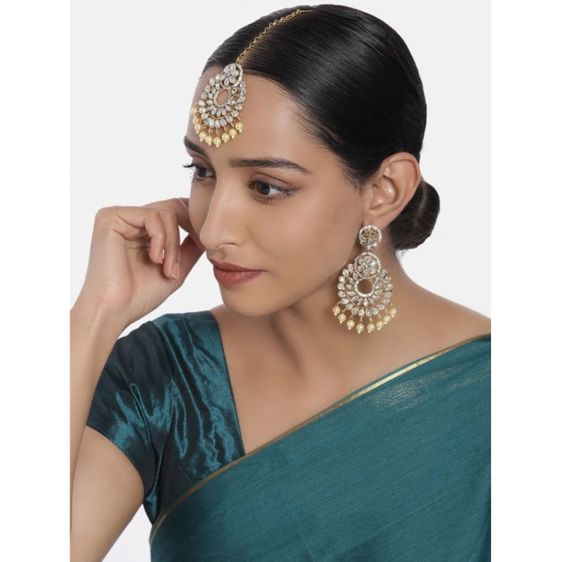 Generic Women's Rose Gold Plated Alloy Kundan Earrings &amp; Mangtikka (White)