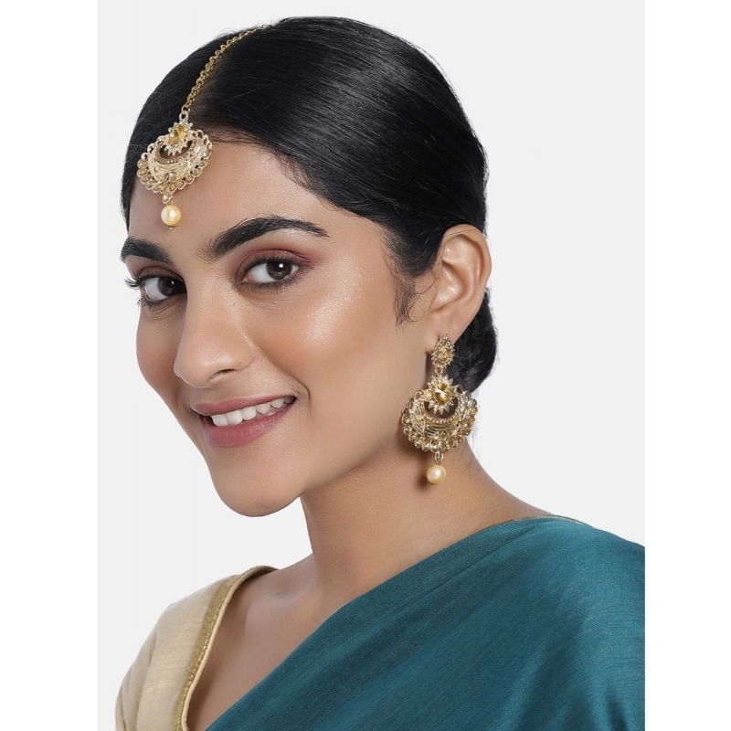 Generic Women's Rose Gold Plated Alloy Kundan Earrings &amp; Mangtikka (Gold)