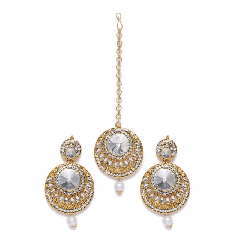 Generic Women's Rose Gold Plated Alloy Kundan Earrings &amp; Mangtikka (White)