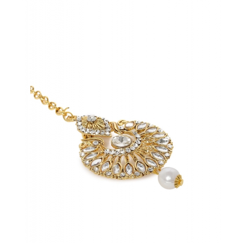 Generic Women's Rose Gold Plated Alloy Kundan Earrings &amp; Mangtikka (White)