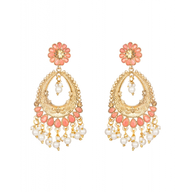 Generic Women's Rose Gold Plated Alloy Kundan Earrings &amp; Mangtikka (Pink)
