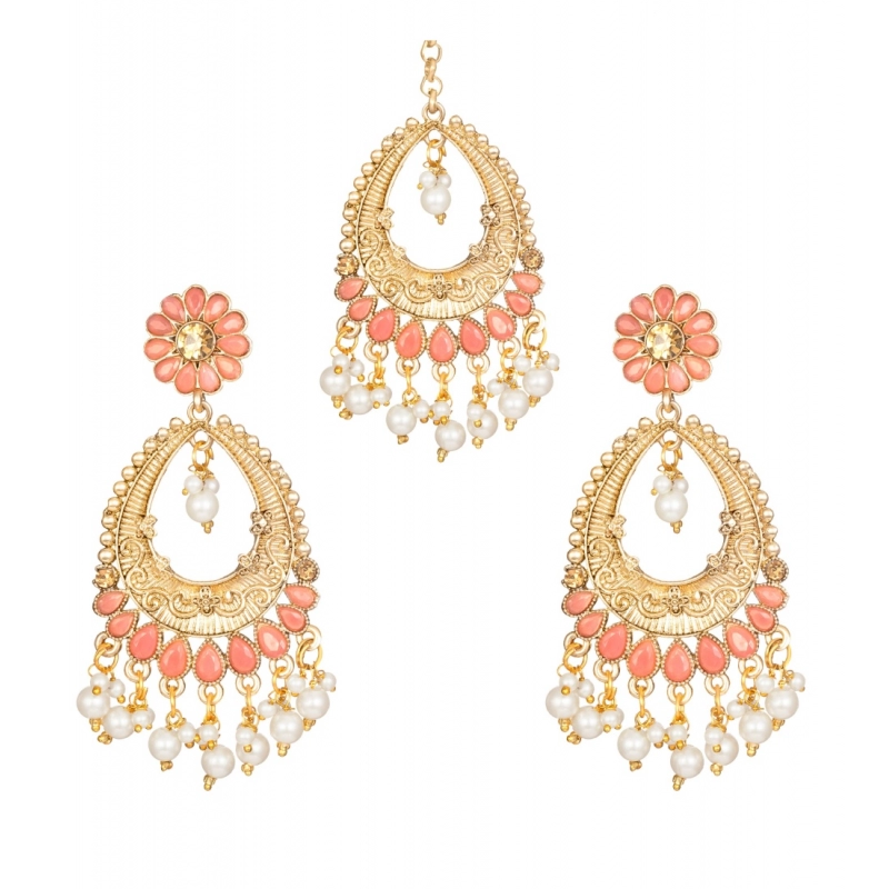 Generic Women's Rose Gold Plated Alloy Kundan Earrings &amp; Mangtikka (Pink)