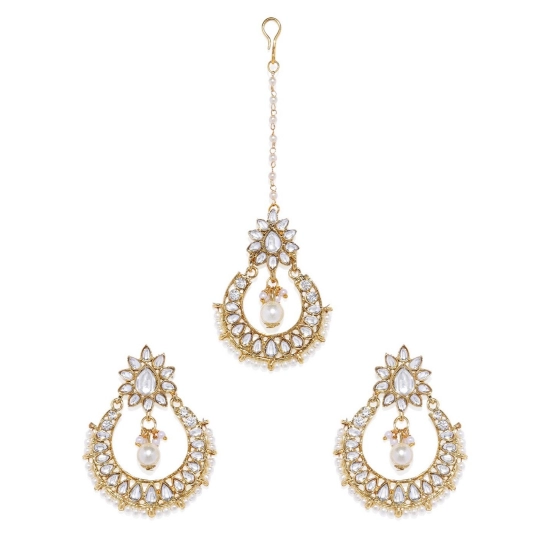 Generic Women's Rose Gold Plated Alloy Kundan Earrings & Mangtikka (White) Generic Women's Rose Gold Plated Alloy Kundan Earrings & Mangtikka (White)