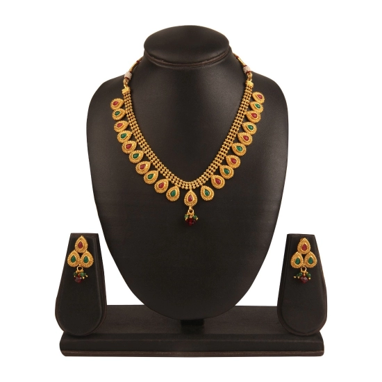 Generic Women's Rose Gold Plated Alloy Choker Necklace Set (Green &amp; Red)