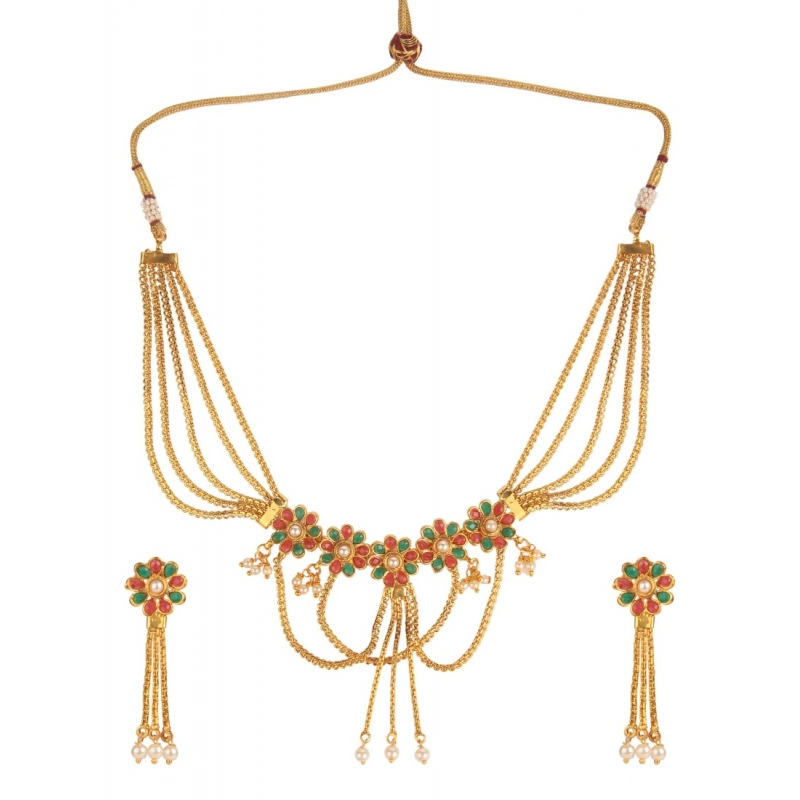 Generic Women's Rose Gold Plated Alloy Necklace Set (Green &amp; Red)