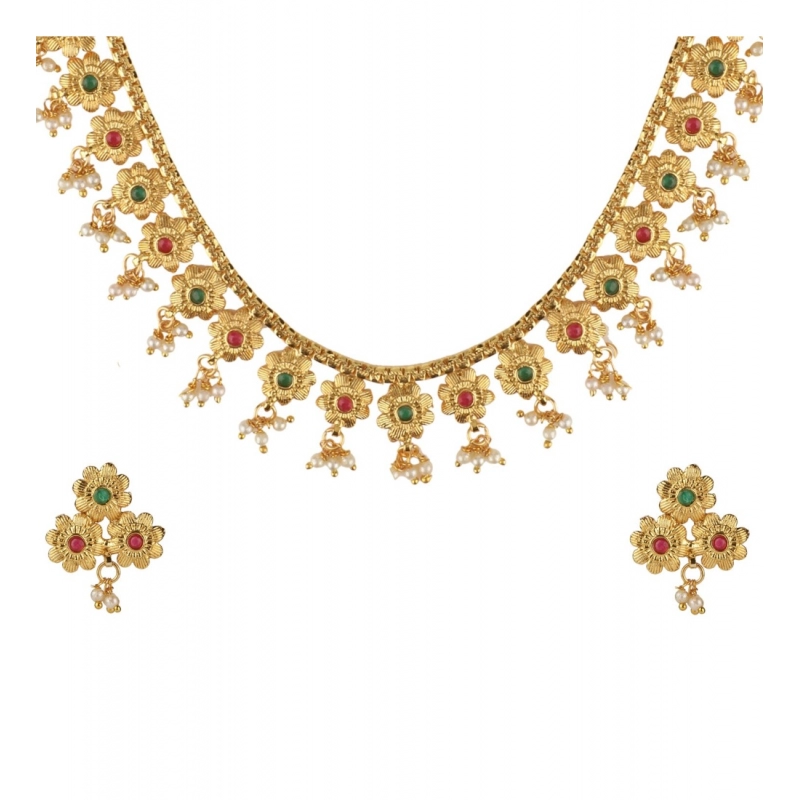 Generic Women's Rose Gold Plated Alloy Necklace &amp; Earings Set (Green &amp; Red)