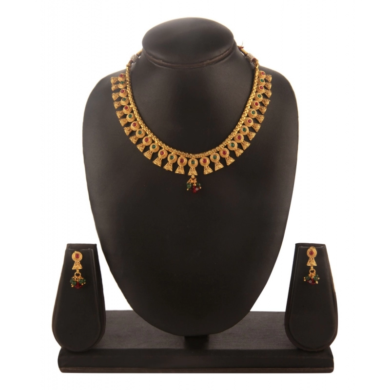 Generic Women's Rose Gold Plated Alloy Necklace &amp; Earings Set (Green &amp; Red)