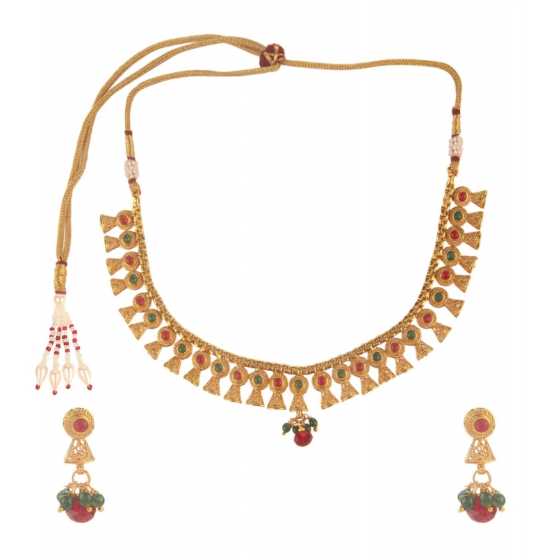 Generic Women's Rose Gold Plated Alloy Necklace &amp; Earings Set (Green &amp; Red)