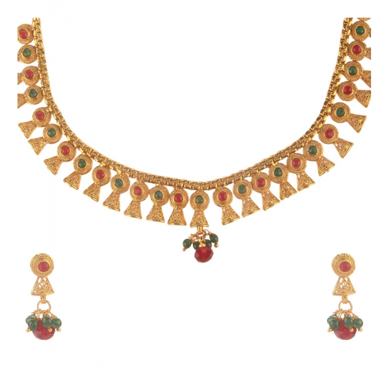 Generic Women's Rose Gold Plated Alloy Necklace &amp; Earings Set (Green &amp; Red)