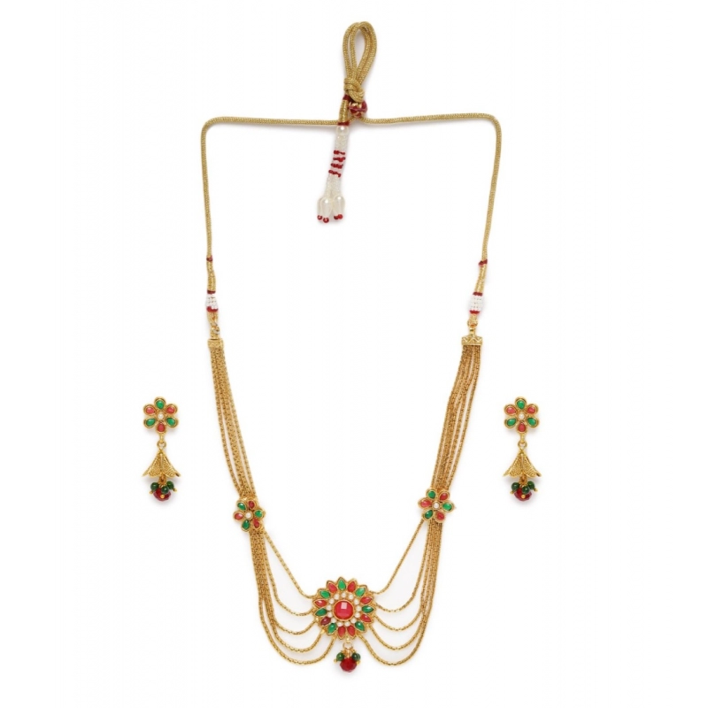Generic Women's Rose Gold Plated Alloy Necklace &amp; Earings Set (Green &amp; Red)