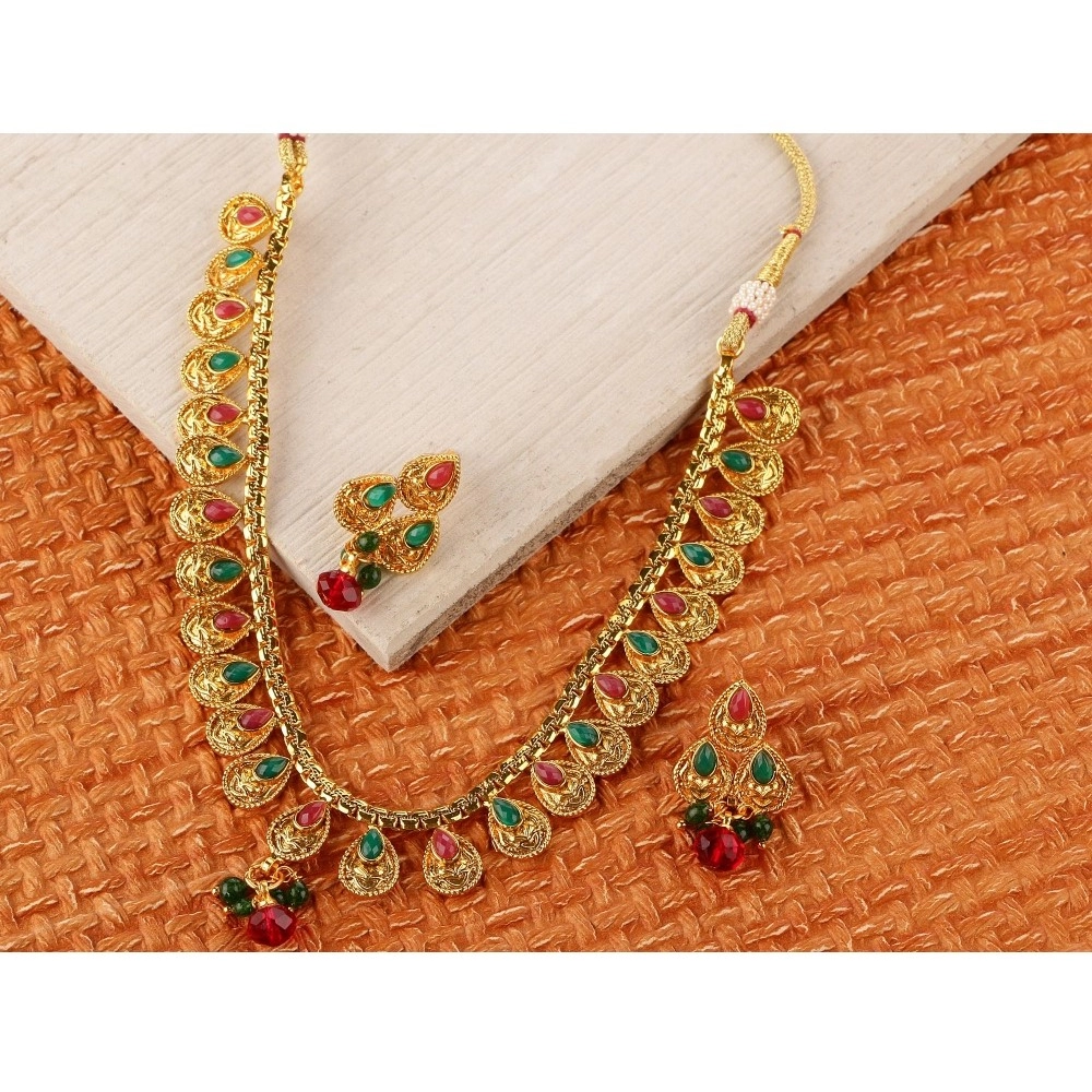 Women's Rose Gold Plated Alloy Necklace & Earings Set (Green & Red)