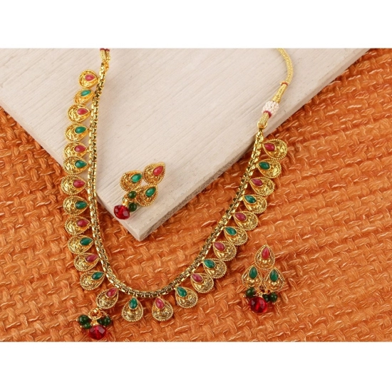 Generic Women's Rose Gold Plated Alloy Necklace &amp; Earings Set (Green &amp; Red)