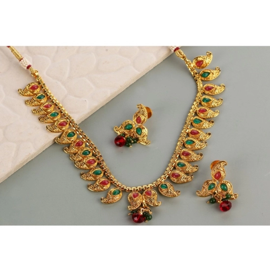 Generic Women's Rose Gold Plated Alloy Necklace &amp; Earings Set (Green &amp; Red)
