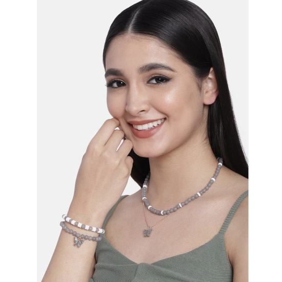 Generic Women's Rose Gold Plated Brass Pendant Chain With Beaded Bracelet (Grey)