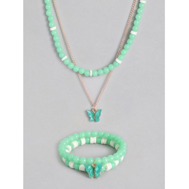 Generic Women's Rose Gold Plated Brass Pendant Chain With Beaded Bracelet (Light Green)