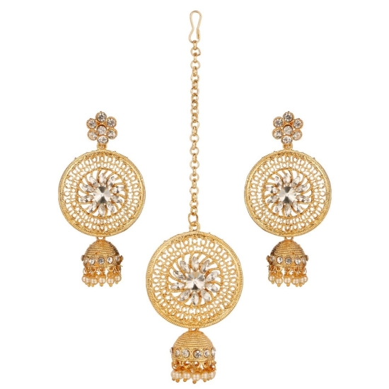Generic Women's Rose Gold Plated Alloy Kundan Earrings &amp; Mangtikka (White)