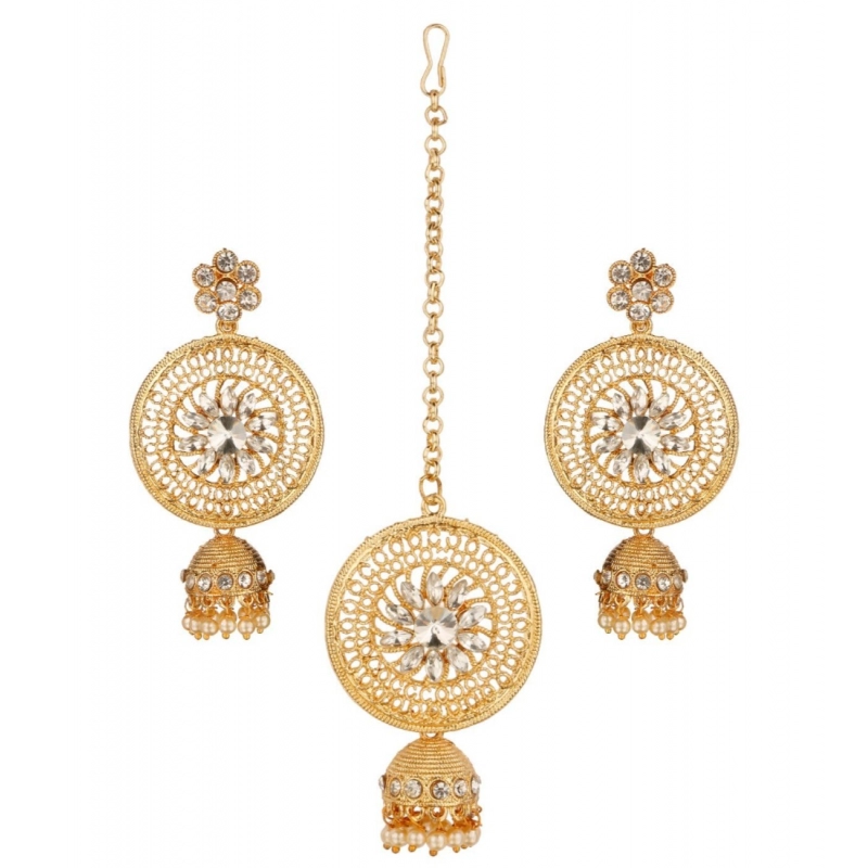 Generic Women's Rose Gold Plated Alloy Kundan Earrings &amp; Mangtikka (White)