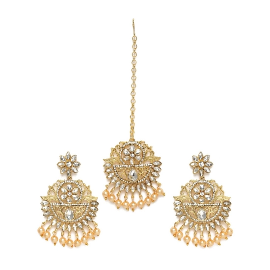 Generic Women's Rose Gold Plated Alloy Kundan Earrings & Mangtikka (White) Generic Women's Rose Gold Plated Alloy Kundan Earrings & Mangtikka (White)